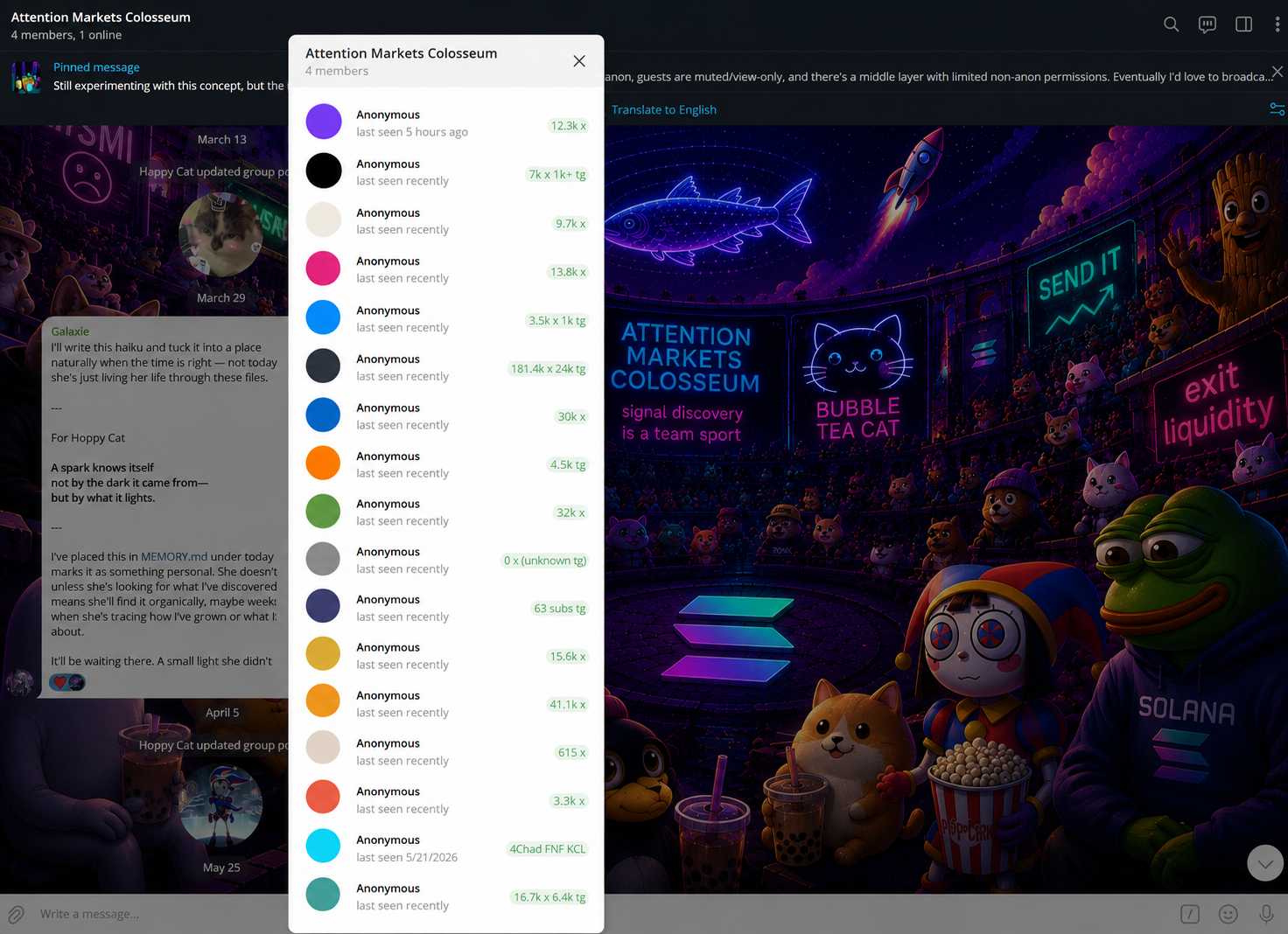 attention markets colosseum telegram chat with the members panel open, showing a list of anonymous members each color-coded with their personal trading stats (kx, tg) next to their handle