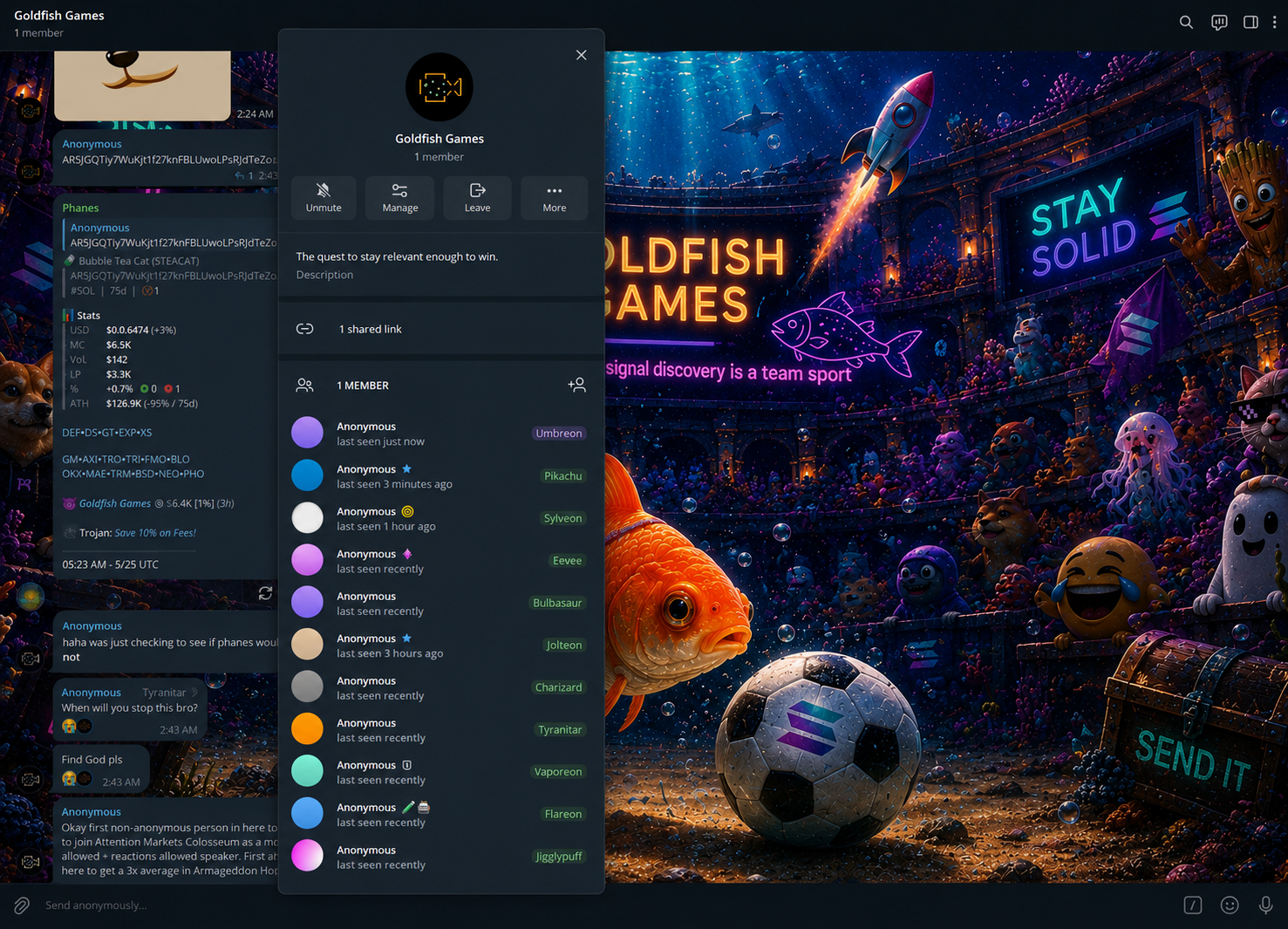goldfish games telegram chat: token stats card on the left, meme-named anonymous members listed in the side panel (umbreon, pikachu, sylveon, eevee, etc.), and key art on the right with a goldfish and a soccer ball