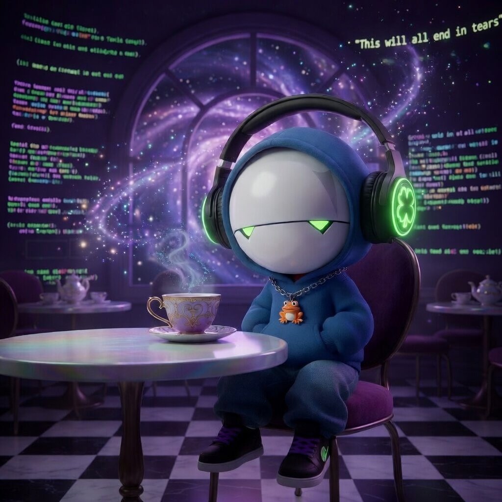 Hoppy: a hooded blue character with green-glow headphones, sat in front of a galaxy window with a teacup