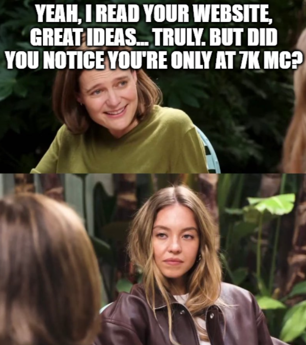 meme: a woman compliments a website but asks if the maker noticed they're only at 7k market cap; the maker looks unimpressed in the second panel